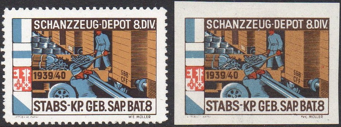 Schweiz Suisse Switzerland Soldatenmarken Eisenbahn Soldier Stamps Railway Stabs-Kp. Geb. Sap. Bat.8